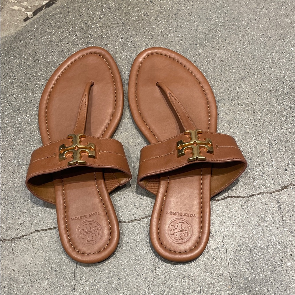 Tory Burch Brown Sandals with Gold Logo